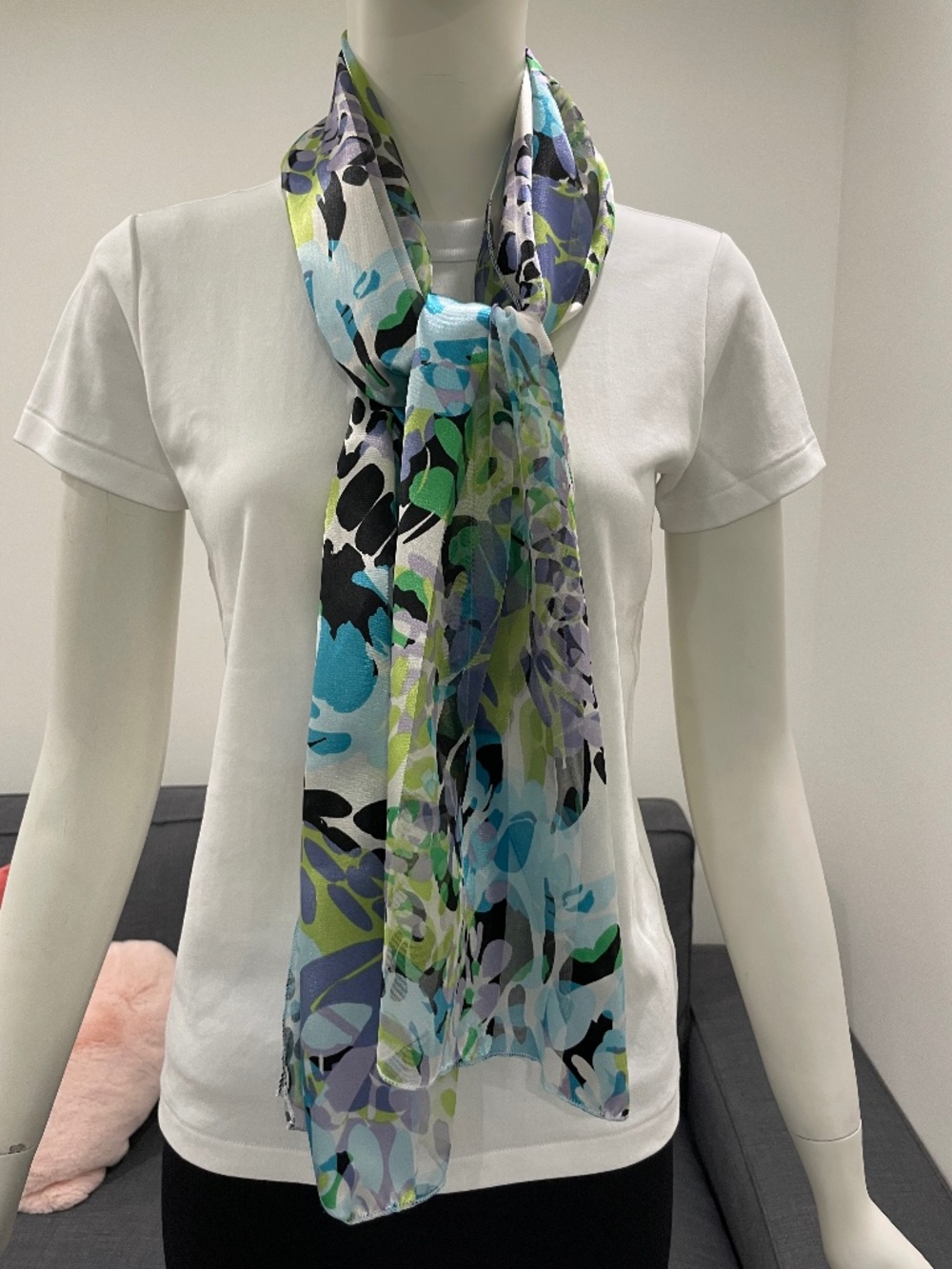 Silky Sheer Scarf with Abstract Florals 13.25" x 60" Rectangle Subtle Sheen